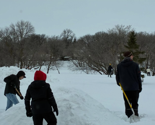 Shoveling snow mounds for winter shelters